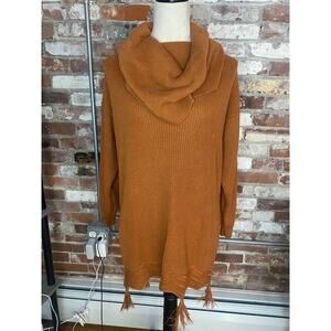Gambina Cowl Neck Tassel Hem Sweater Tunic Rust Orange Boho Knit Size S